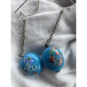 Vintage Blue Murano Millefiori 1.5” Dangle Earrings Painted Striped Candies